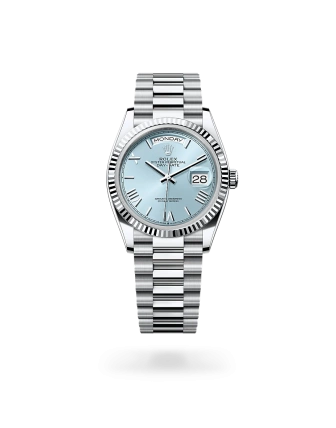Rolex Day-Date 36 in platinum with an ice blue dial, fluted bezel, and President bracelet - Crisson