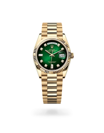 Rolex Day-Date 36 in yellow gold with a Green ombré dial set with diamonds, fluted bezel, and President bracelet, m128238-0069 - Crisson