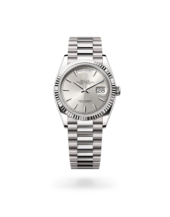 Rolex Day-Date 36 in white gold with a silver dial, fluted bezel, and President bracelet - Crisson