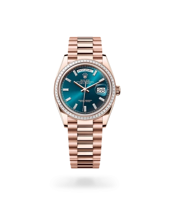 Rolex Day-Date 36 in Everose gold and diamonds, blue-green dial with diamonds, bezel with diamonds, and President bracelet - Crisson