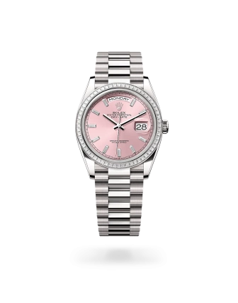 Rolex Day-Date 36 in white gold and diamonds, pink dial with diamonds, bezel with diamonds, and President bracelet - Crisson