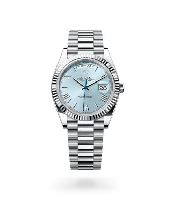 Rolex Day-Date 40 in platinum with an ice-blue dial, fluted bezel, and President bracelet - Crisson
