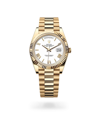 Rolex Day-Date 40 in yellow gold with a white dial, fluted bezel, and President bracelet - Crisson