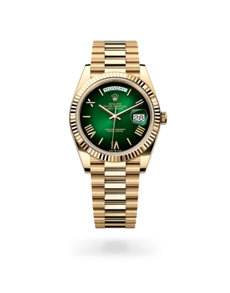 Rolex Day-Date 40 in yellow gold with a green ombré dial, fluted bezel, and President bracelet - Crisson