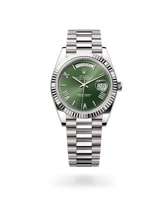 Rolex Day-Date 40 in white gold with an olive green dial, fluted bezel, and President bracelet - Crisson