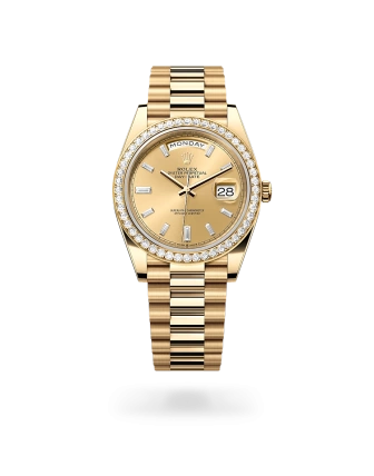 Rolex Day-Date 40 in yellow gold and diamonds, with a champagne-colour dial with diamonds, bezel with diamonds, and President bracelet - Crisson