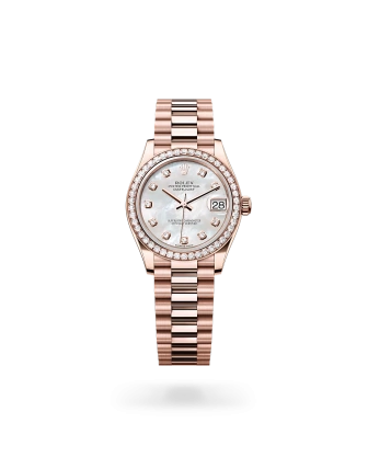 Rolex Datejust 31 in Everose gold and diamonds with a white mother-of-pearl dial with diamonds, bezel with diamonds, and President bracelet - Crisson