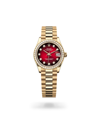 Rolex Datejust 31 in yellow gold and diamonds with a Red ombré dial with diamonds, bezel with diamonds, and President bracelet - Crisson