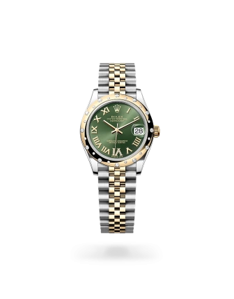 Rolex Datejust 31 in Oystersteel, yellow gold and diamonds with an Olive green dial with diamonds, domed bezel with diamonds, and Jubilee bracelet - Crisson