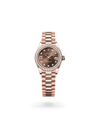 Rolex Lady-Datejust 28 in Everose gold and diamonds, with a chocolate dial with diamonds, bezel with diamonds, and President bracelet - Crisson