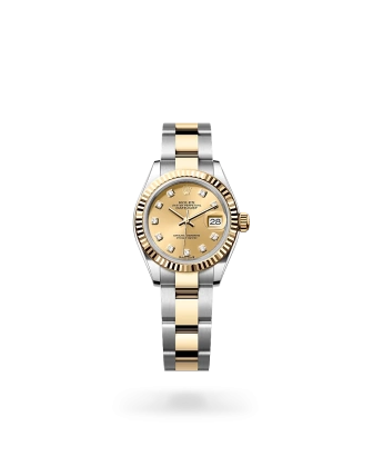 Rolex Lady-Datejust 28 in Oystersteel and yellow gold with a champagne-colour dial with diamonds, fluted bezel, and Oyster bracelet - Crisson