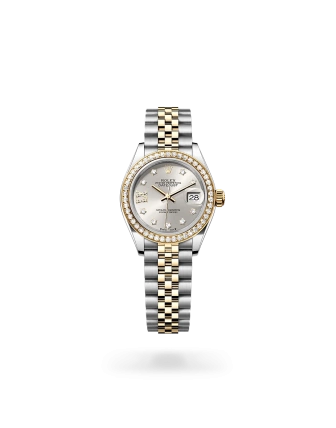 Rolex Lady-Datejust 28 in Oystersteel, yellow gold and diamonds, with a silver dial with diamonds, bezel with diamonds, and Jubilee bracelet - Crisson