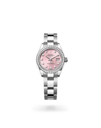 Rolex Lady-Datejust 28 in Oystersteel, white gold and diamonds, with a pink dial with diamonds, bezel with diamonds, and Oyster bracelet - Crisson