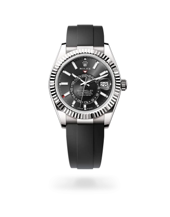 Rolex Sky-Dweller in white gold with a bright black dial, fluted bezel, and Oysterflex bracelet - Crisson