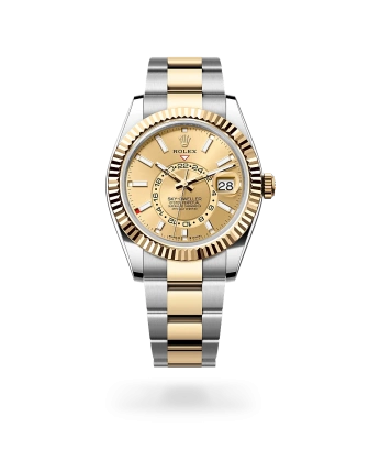 Rolex Sky-Dweller in Oystersteel and yellow gold with a champagne-colour dial, fluted bezel, and Oyster bracelet - Crisson