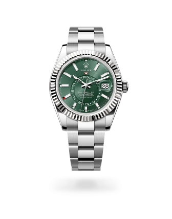 Rolex Sky-Dweller in Oystersteel and white gold with a mint green dial, fluted bezel, and Oyster bracelet - Crisson