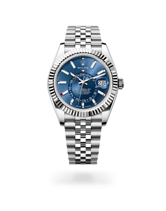 Rolex Sky-Dweller in Oystersteel and white gold with a Bright blue dial, fluted bezel, and Jubilee bracelet, m336934-0006 - Crisson