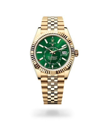 Rolex Sky-Dweller in yellow gold with a bright green dial, fluted bezel, and Jubilee bracelet - Crisson