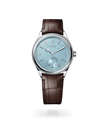 Rolex 1908 in platinum with an Ice blue dial, domed and fluted bezel, and leather bracelet - Crisson