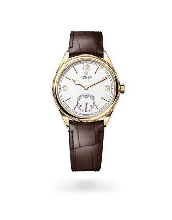 Rolex 1908 in yellow gold with an intense white dial, domed and fluted bezel, and leather bracelet - Crisson
