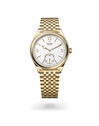 Rolex 1908 in yellow gold with an intense white dial, domed and fluted bezel, and Settimo bracelet - Crisson
