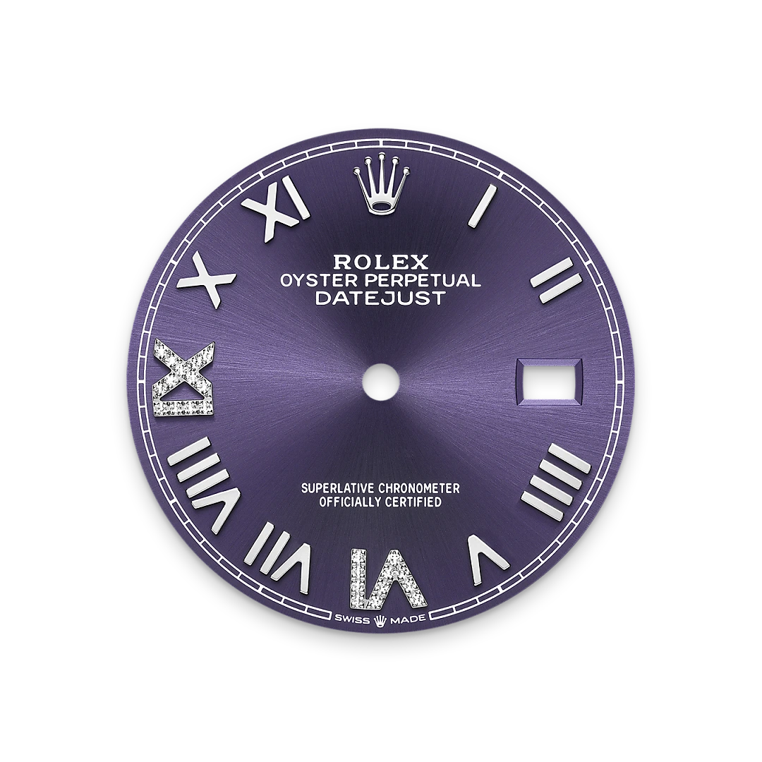 Rolex Datejust 36 in Oystersteel and white gold with a Aubergine dial set with diamonds, fluted bezel, and Jubilee bracelet, m126234-0063 - Crisson