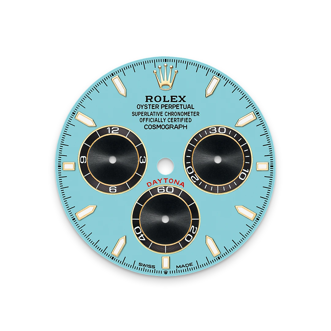 Rolex Cosmograph Daytona in yellow gold with turquoise blue and black dial, black monobloc Cerachrom bezel, and Oysterflex bracelet, m126518ln-0014 - Crisson