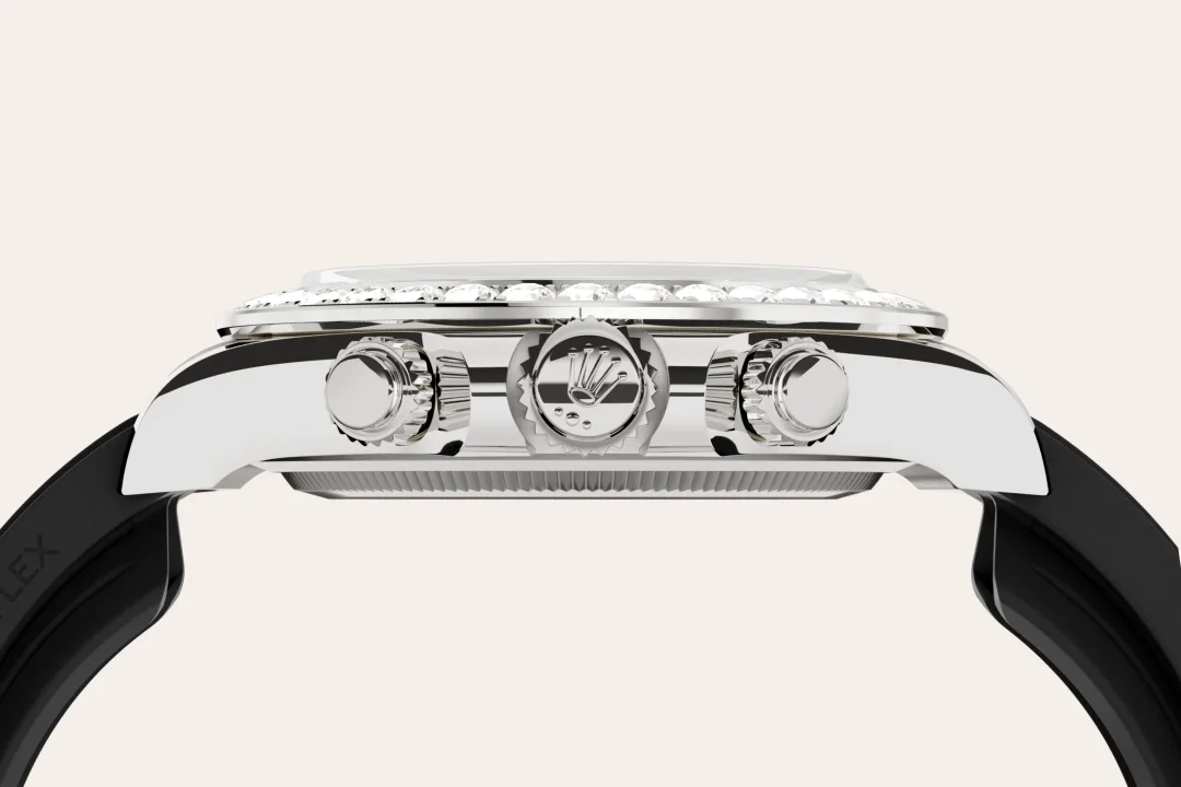 Rolex Cosmograph Daytona in white gold and diamonds with white and black mother-of-pearl dial, bezel set with diamonds, and Oysterflex bracelet, m126589rbr-0001 - Crisson