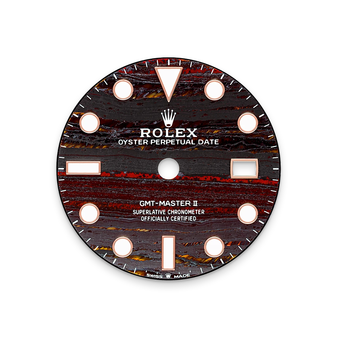 Rolex GMT-Master II in Everose gold with a Tiger iron dial, bidirectional rotatable 24-hour graduated  bezel, and Oyster bracelet, m126715chnr-0002 - Crisson