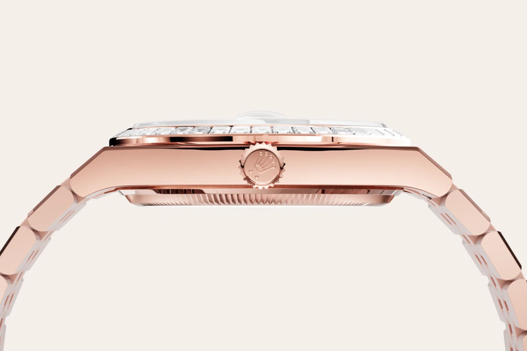 Rolex Land-Dweller 36 in Everose gold and diamonds with an intense white dial, fluted bezel, and flat Jubilee bracelet, m127285tbr-0002 - Crisson