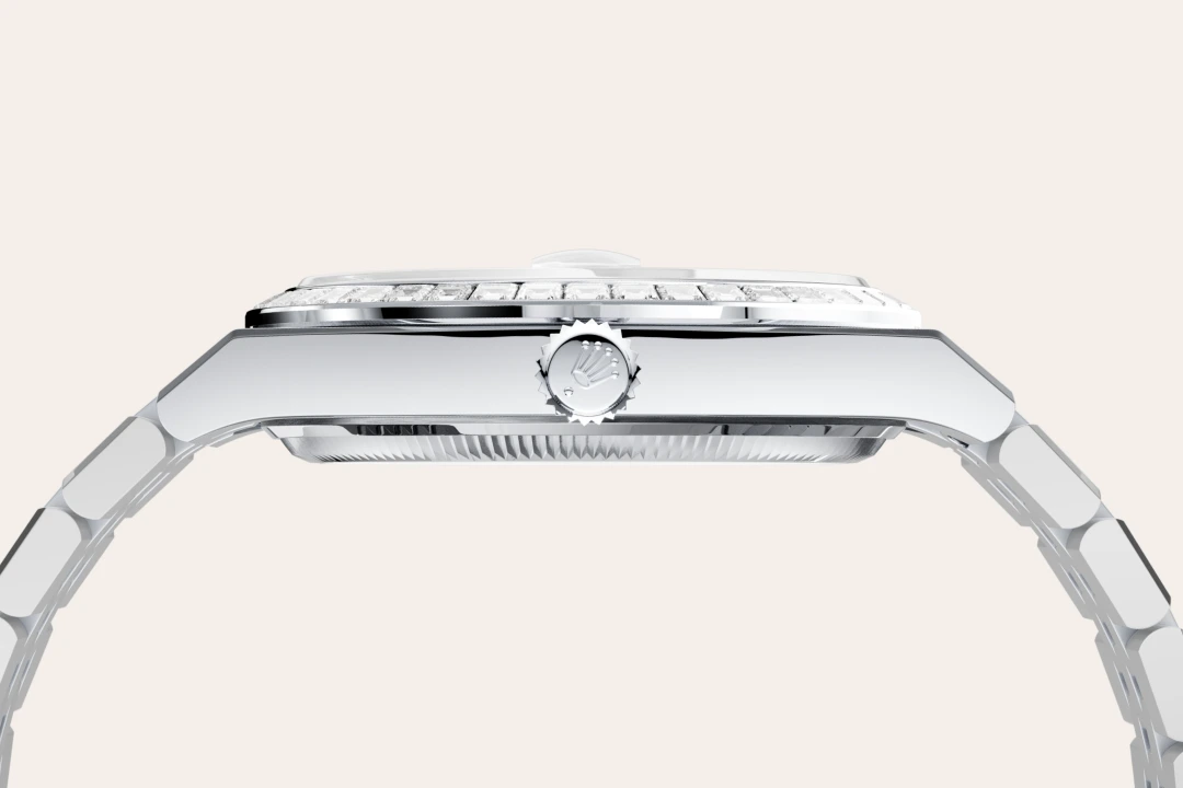 Rolex Land-Dweller 36 in platinum and diamonds with an Ice blue dial, bezel set with diamonds, and flat Jubilee bracelet, m127286tbr-0001 - Crisson