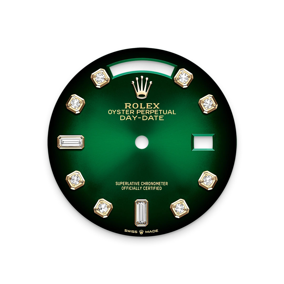 Rolex Day-Date 36 in yellow gold with a Green ombré dial set with diamonds, fluted bezel, and President bracelet, m128238-0069 - Crisson
