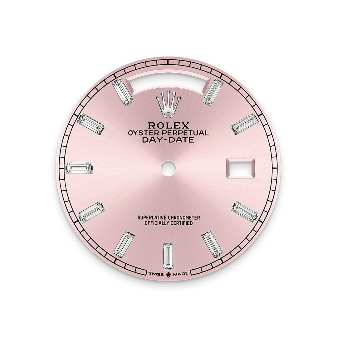 Rolex Day-Date 36 in white gold and diamonds, pink dial with diamonds, bezel with diamonds, and President bracelet, m128399tbr-0029 - Crisson