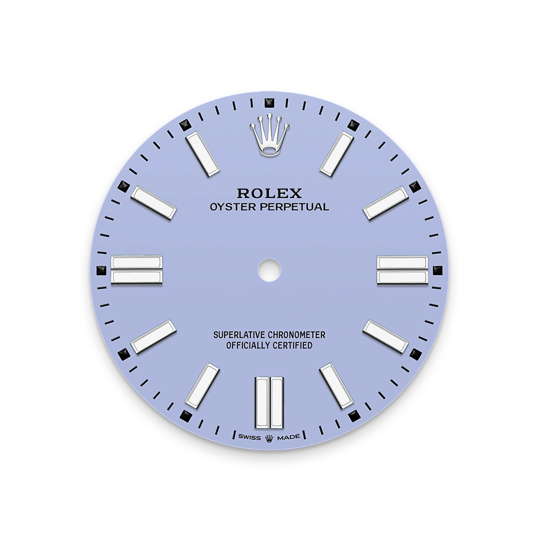 Rolex Oyster Perpetual 41 in Oystersteel with a Lavender dial, domed  bezel, and Oyster bracelet, m134300-0012 - Crisson
