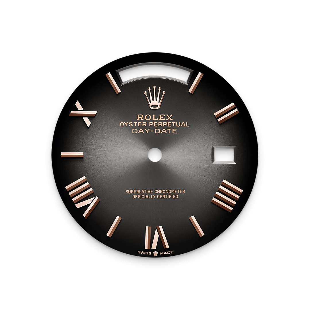 Rolex Day-Date 40 in Everose gold with a Slate ombré dial, fluted bezel, and President bracelet, m228235-0055 - Crisson