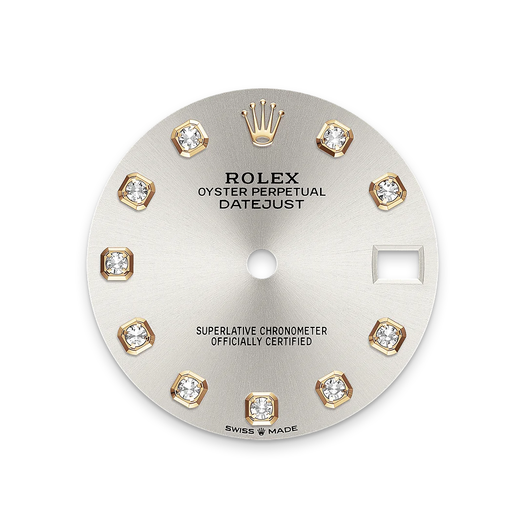 Rolex Datejust 31 in Oystersteel and yellow gold with a silver dial with diamonds, fluted bezel, and Oyster bracelet, m278273-0019 - Crisson