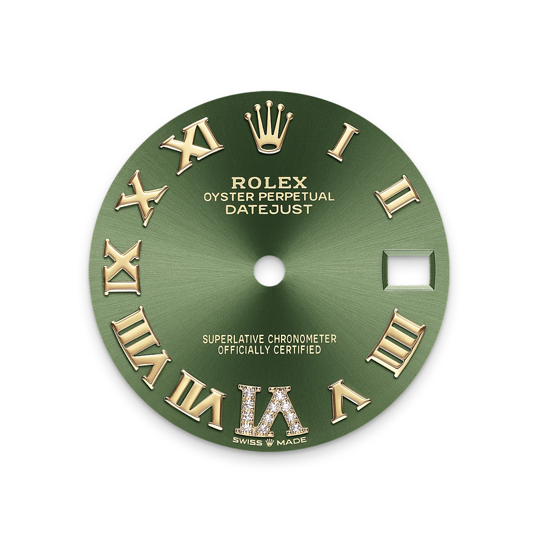 Rolex Datejust 31 in Oystersteel, yellow gold and diamonds with an Olive green Domed, set with diamonds dial, and Oyster bracelet, m278343rbr-0015 - Crisson Rolex Datejust 31 in Oystersteel, yellow gold and diamonds with an Olive green Domed, set with diamonds dial, and Oyster bracelet, m278343rbr-0015 - Crisson