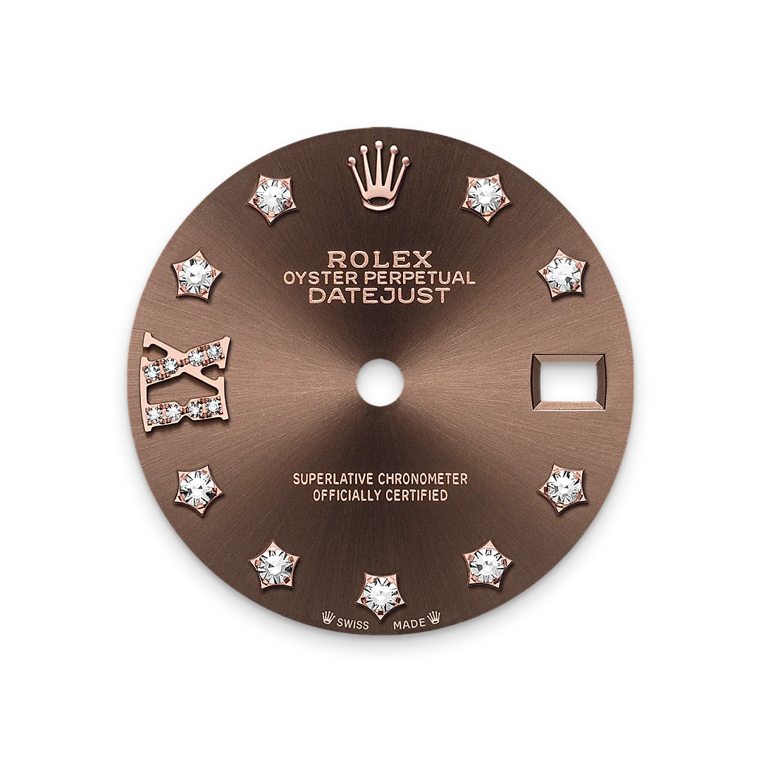 Rolex Lady-Datejust 28 in Everose gold and diamonds, with a chocolate dial with diamonds, bezel with diamonds, and President bracelet, m279135rbr-0001 - Crisson