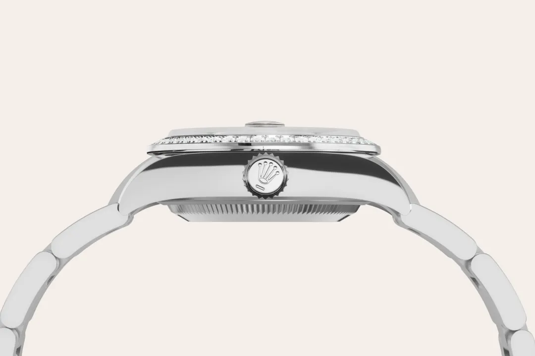 Rolex Lady-Datejust 28 in Oystersteel, white gold and diamonds, with a pink dial with diamonds, bezel with diamonds, and Oyster bracelet, m279384rbr-0004 - Crisson