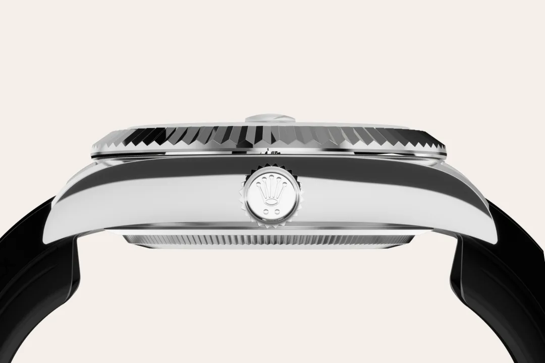 Rolex Sky-Dweller in white gold with a bright black dial, fluted bezel, and Oysterflex bracelet, m336239-0002 - Crisson