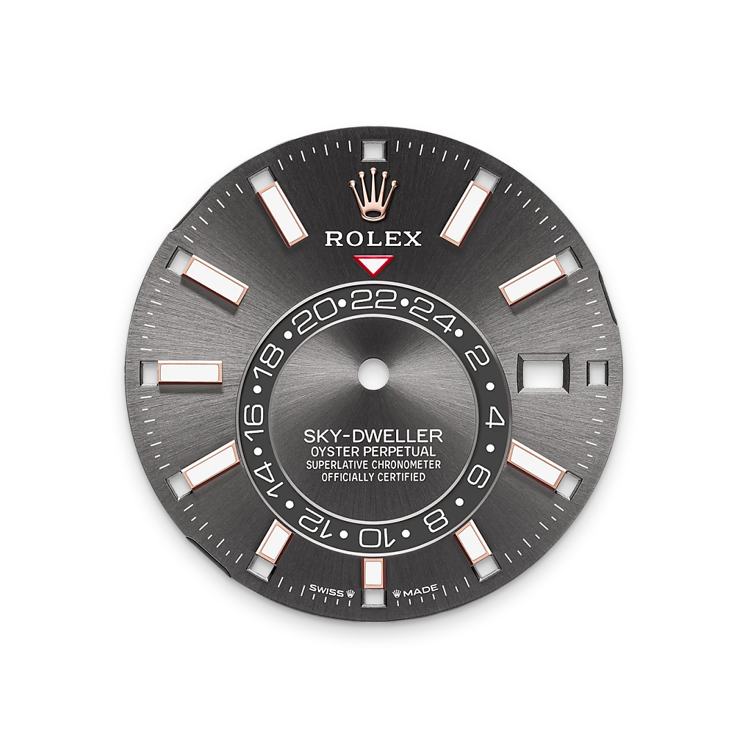 Rolex Sky-Dweller in Everose gold with a Slate dial, fluted bezel, and Jubilee bracelet, m336935-0008 - Crisson