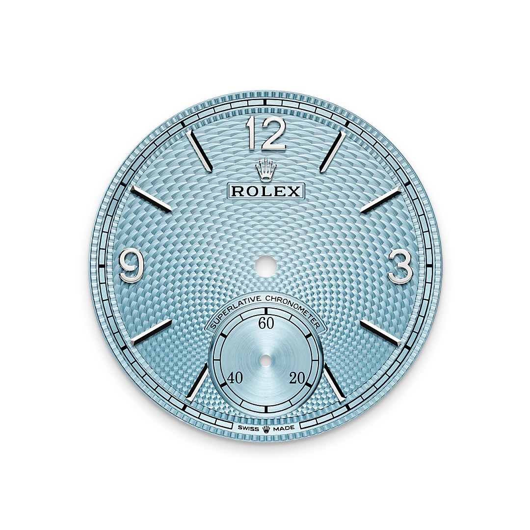 Rolex 1908 in platinum with an Ice blue dial, domed and fluted bezel, and leather bracelet, m52506-0002 - Crisson