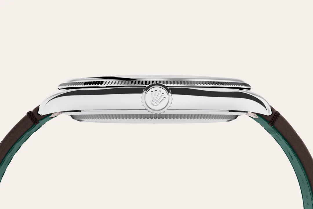 Rolex 1908 in platinum with an Ice blue dial, domed and fluted bezel, and leather bracelet, m52506-0002 - Crisson